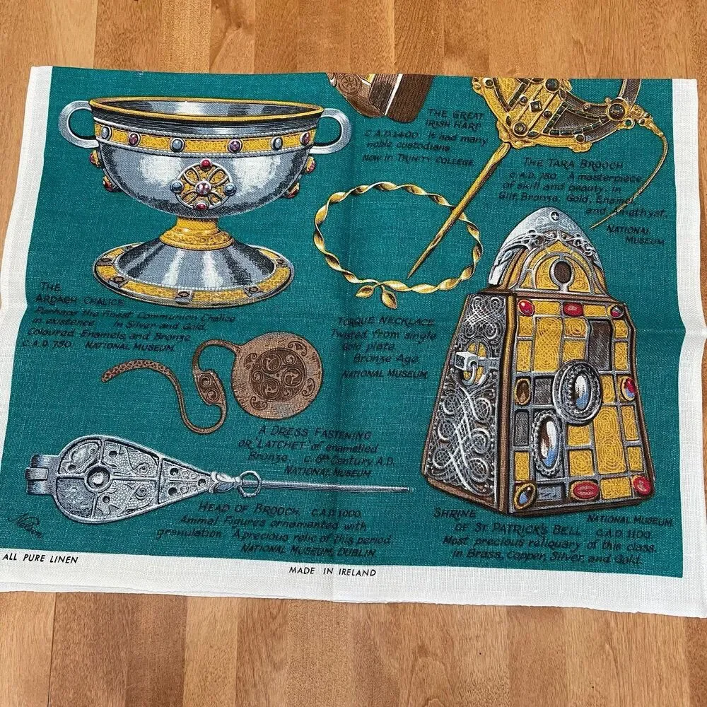 Vintage Decorative Irish Pure Linen Tea Towel Ireland's Treasures & Artifacts